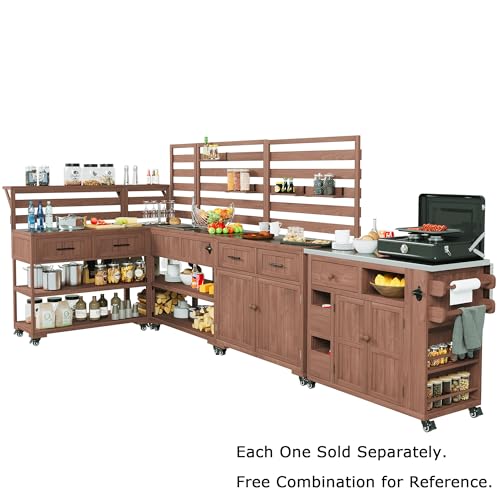 GDFStudio Winford Patio Kitchen Island Cart with Extendable Top, Wooden Outdoor Storage Cabinet with Stainless Steel BBQ Prep Table Top, Drawers, Spice Rack and Lockable Wheels, Potting Bench, Brown - color: Brown