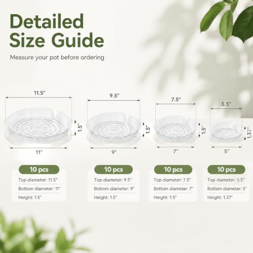 Kingrol 40 Pack Plant Saucers for Pots, 4 Sizes Plant Drip Trays (6/8/10/12 Inch), Lightweight Flexible PET Plant Pot Saucer for Indoor Outdoor Plants, Clear Flower Pot Tray