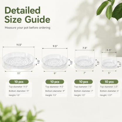 Kingrol 40 Pack Plant Saucers for Pots, 4 Sizes Plant Drip Trays (6/8/10/12 Inch), Lightweight Flexible PET Plant Pot Saucer for Indoor Outdoor Plants, Clear Flower Pot Tray
