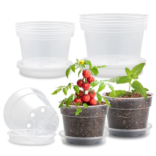 9 Pack 8/7/6 Inch Clear Nursery Pots for Plants with Saucer, Transparent Plastic Plant Pots with Drainage Holes, Sturdy Seedling Starter Pot, Garden Planter Pot for Succulents Flowers Herb Vegetables - size: 6/7/8 Inch-9P