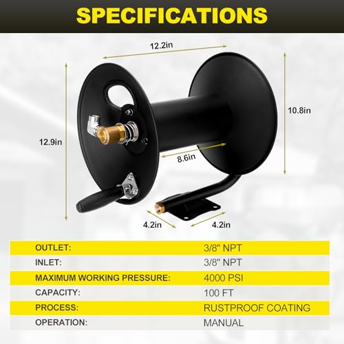 High Pressure Washer Hose Reel 100ft 3/8" NPT, 4000 PSI Heavy Duty Steel Power Washer Hose Reel with Swivel Arm, Mounting Bracket & M22 14mm Fitting, Wall/Machine/Van/Trailer Mount Compatible