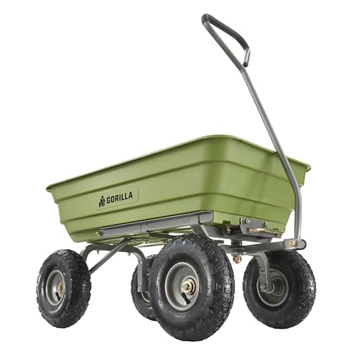 Gorilla Carts 600-Pound Capacity Heavy Duty Poly Yard Garden Steel Quick Dump Utility Wheelbarrow Wagon Cart with Straight Pull Handle, Green, Model GOR4G-COM - size: 4-Cubic Feet, style: Pneumatic-Green