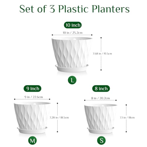 Plant Pots for Indoor Plants 3 Pack 10/9/8 Inch Plastic Planters - color: White