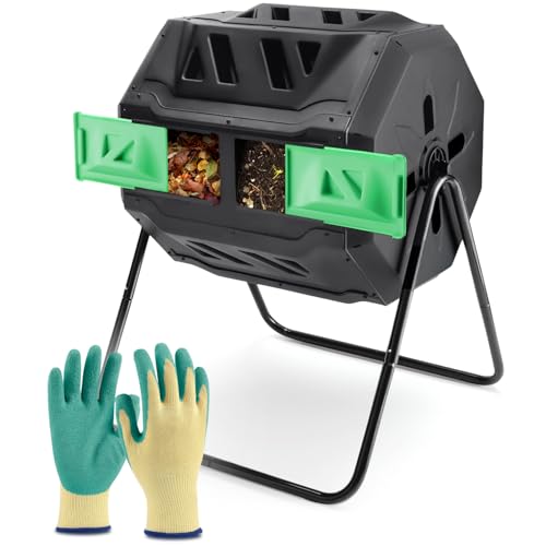 PLASTIC PRINCE Compost Tumbler Rotating Garden Compost Bin Outdoor Dual Chamber 43 Gallon Backyard Composter Tumbling Barrel Mixer Outside, Large, Green - color: Black/Green