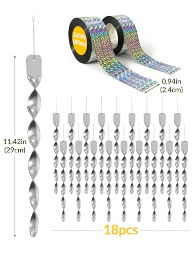 NiHome 20-Pack Spiral Bird Deterrents for Outside, Reflective Rods and Rolls to Safeguard Gardens - 18 PCS Rods & 2 Rolls (262 FT) of Non-Toxic, Waterproof Bird Control Kit