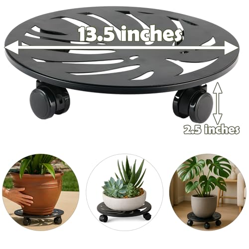 1-pack 13.5" Round Metal Plant Caddy with Wheels Heavy-Duty Large Rolling Plant Stand Indoor Outdoor Wheeled Planter Dolly Cart Coaster Flower Pot Mover Roller Base, Garden Trolley - size: 13.5 in - 1 pack