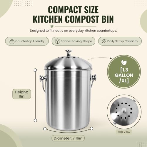 Epica Kitchen Compost Bin for Kitchen Countertops, 1.3 Galllon - Silver - color: silver