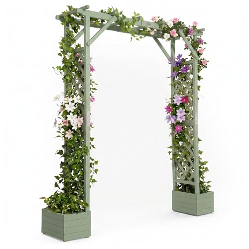 VINGLI Wooden Garden Arbor with Planter, Wedding Arch for Ceremony, Wood Garden Arbour Trellis for Plant Climbing, Pergola for Garden Backyard, Lawn, Outdoor (Olive Green) - color: Olive Green