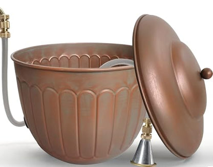 BSTGIFTS Garden Water Hose Holder - Decorative Metal Pot, Metal Hose Storage Pot, Garden Storage Organizer, Patio Portable Bucket - Antique Copper Accents, Holds up to 100ft Hoses (Embossed)