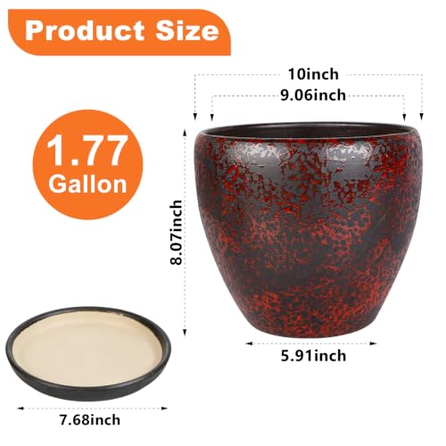 Ceramic Plant Pots With Saucer & Drainage Hole, 10 inch Indoor Flower Pots - color: Red, size: 10 inch