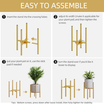 Adjustable Plant Stand Indoor, 2 Heights,Golden with Round Plate - color: golden-b
