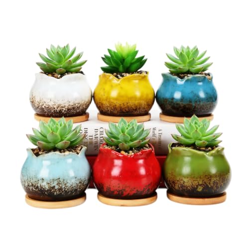 Cute 4" Round Ceramic Home Garden Decoration Succulent Cactus Flower Pots Container -Plant Not Included，6 Colors - color: 6 Colors