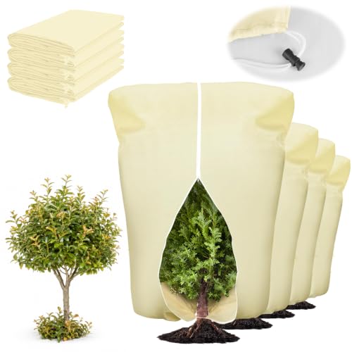 4 Pcs Plant Covers Frost Protection Bag 90"X75" Winter Reusable Plants Jacket with Zipper Drawstring Large Plant Protection Wraps Bags Frost Blanket for Winter Outdoor Garden Plants - color: Beige, size: 90 x 75 Inch（4 Pcs）