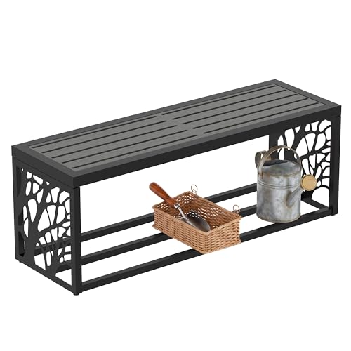 47" Outdoor Storage Bench, HDPE Seat, Steel Frame, Tree - style: Tree of Life