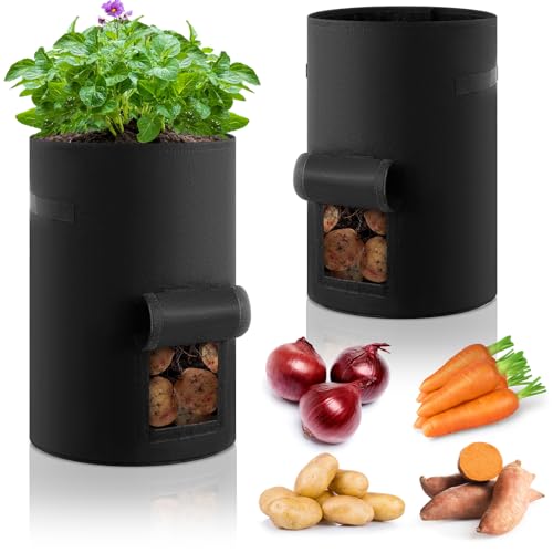 2 Pack 30 Gallon Potato Grow Bags with Harvest Window, Durable Garden Planter Bags with Handles for Potatoes, Tomatoes, and Vegetables - Indoor & Outdoor Gardening Supplies (Black)