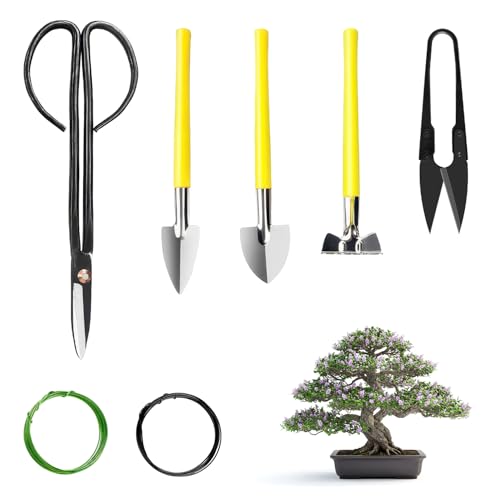 Bonsai Tools Set 7Pcs, MOSFiATA Bonsai Tree Tools Kit Succulent Trimming Tools Include Scissors, Cutters, Rake, Round and Pointed Shovel &Training Wire for Bonsai Beginner Gardening Gifts - size: Bonsai Tools 7Pcs