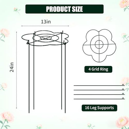 Peony Cages and Supports 4 Pack, 13" Dx24 H Grow Through Plant Supports, Heavy Duty Metal Plant Support Cage for Outdoor Flowers, Tomatoes, Hydrangeas, Cucumbers & Strawberries