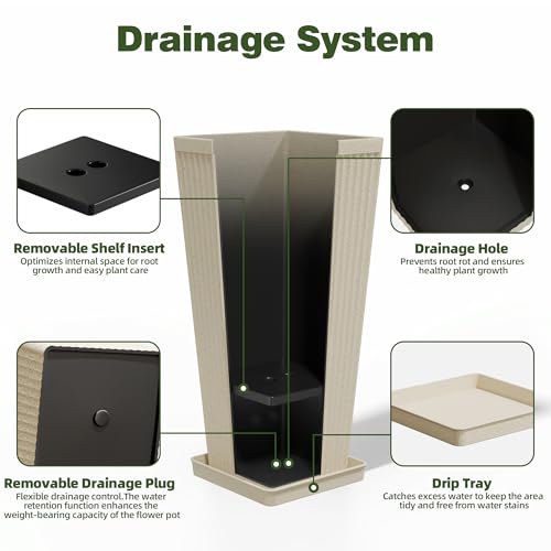 Square Tall Planters for Outdoor Plants with Tray - 24" Beige 2Pack - color: Beige-sandblasting
