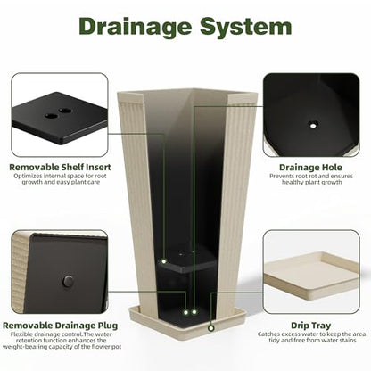 Square Tall Planters for Outdoor Plants with Tray - 24" Beige 2Pack - color: Beige-sandblasting