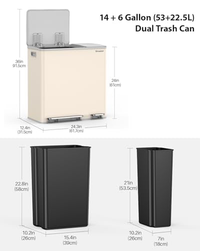 Lovewind Dual Trash Can, 14 + 6 Gallon Garbage Can for Kitchen Dual Compartment Recycling Kitchen Step Trash Bin, Stainless Steel Trash and Recycle Bin Combo with Soft-Close Lid, Apricot - color: Apricot, size: 14 + 6 Gallon