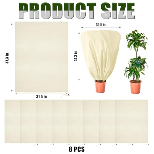 8 Pcs Plant Covers Frost Protection Bag 47"X31.5" Winter Reusable Plants Jacket with Drawstring Shrub Protection Wraps Bags Frost Blanket for Winter Outdoor Garden Plants - color: Beige, size: 47 x 31.5 Inch