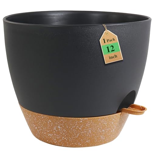 WSMKSZ 12 inch Large Self Watering Pots, Flower Plant Pots with Drainage Holes for Indoor Outdoor Garden Plants, Plastic Planters with Removable Deep Reservoir, Black with Brown - color: Black With Brown, size: 12inch 1pcs