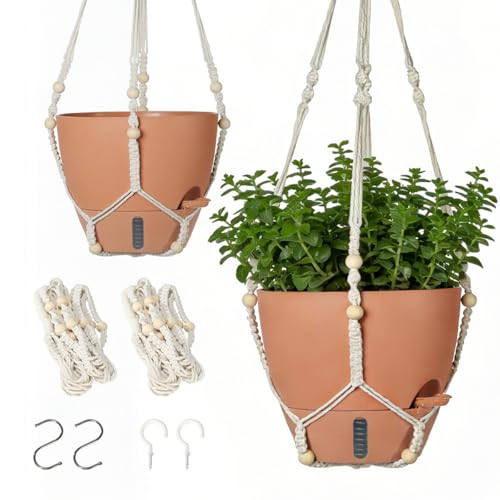 Self-Watering Hanging Planters for Indoor Plants Set 2-Piece Includes Plant Hanging Pot, Drainage-Hole Hanging Pot, and Hanging Basket Rack (Terracotta,10 Inches) - color: Terracotta