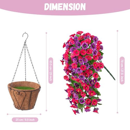Artificial Flowers with Hanging Basket, Outdoor Faux Plants UV Resistant - color: Hot Pink Purple
