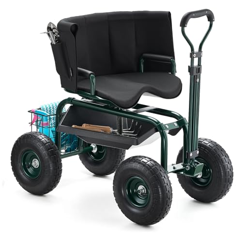 VEVOR Garden Seat with Wheels, Rolling Garden Stool with Height Adjustable & 360° Swivel Seat, 400lbs Weight Capacity, Gardening Cart Bench, Ergonomic Backrest & Tool Storage, for Yard, Patio - color: Dark Green