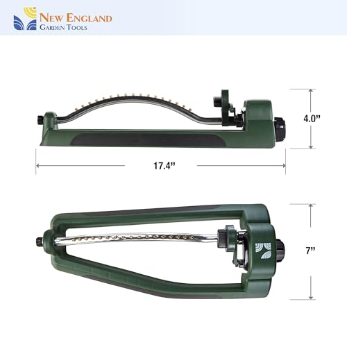 Oscillating Sprinkler 100006, Adjustable Pattern to Cover Up to 2,695 Square Feet, 17 Brass Nozzles on Metal Tube for Even Lawn Watering, by New England Garden Tools