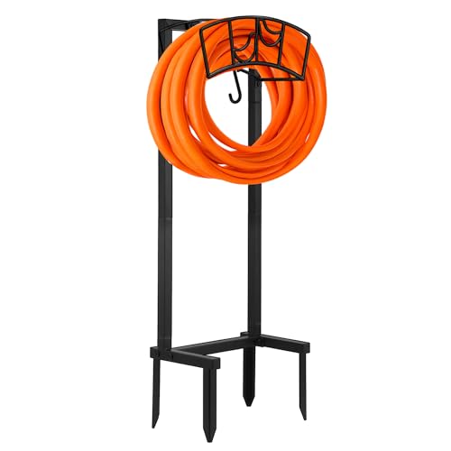 Mofesun Garden Hose Holder, Heavy Duty Metal Water Hose Holder 160-Feet Capacity, Detachable Freestanding Hose Hanger with 2 Tool Hooks, Garden Hose Storage Rack, Black