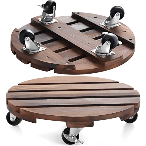 HOHY 2PCS Plant Caddy 12" Plant Stand with Wheels Wood Rolling Plant Stand