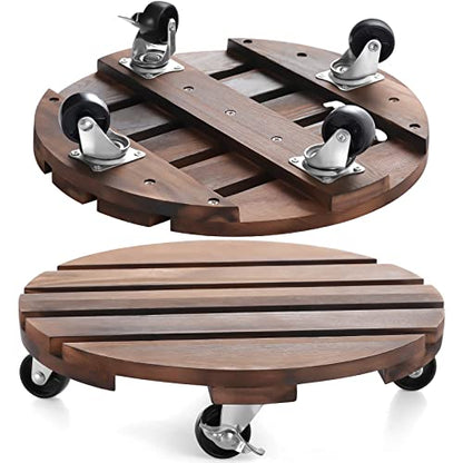 HOHY 2PCS Plant Caddy 12" Plant Stand with Wheels Wood Rolling Plant Stand