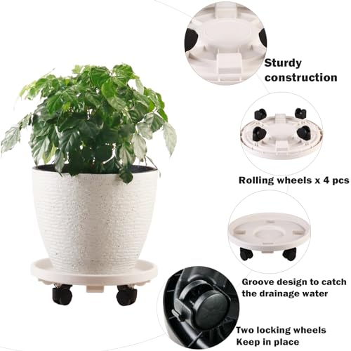 5 Packs Large Plant Caddy with Wheels 13" Rolling Wheeled Plant Stands Heavy-Duty Plastic Flower Pot Roller Base Movers Indoor Outdoor Planter Dolly with Casters Trolley, White - color: White