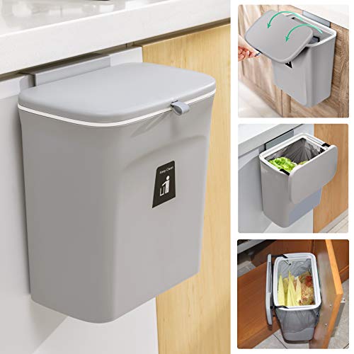 Tiyafuro 2.4 Gallon Kitchen Compost Bin for Counter Top or Under Sink, Hanging Small Trash Can with Lid for Cupboard/Bathroom/Bedroom/Office/Camping, Mountable Indoor Compost Bucket, Gray - color: Gray