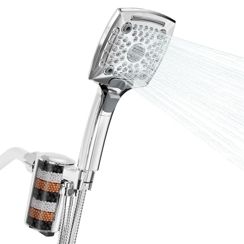 Filtered Shower Head with Handheld, High Pressure 5 Functions Handheld Shower Head with 59" Extra Long Stainless Steel Hose & Adjustable Bracket, Built-in Waterfall - color: Chrome, style: With Filter