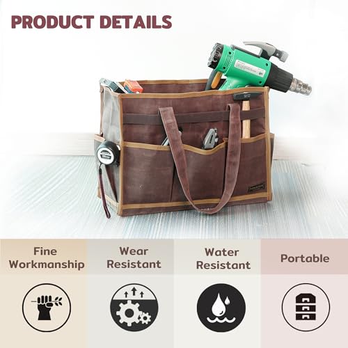 Tool Bag, Heavy Duty 16oz Waxed Canvas Water-Resistant Tool Pouches, Tool Tote with Handle for Tools, Wrenches, Screwdrivers (16.5 X 7 X 12 inch) | Brown - color: Brown