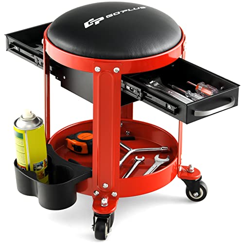 Goplus Rolling Mechanic Stool, Shop Stool Creeper Seat with Removable Padded Seat, 2 Drawers, Tool Tray, Twin Can Holder, Universal Wheels, Round Garage Workshop Chair, 330 Lbs Max Capacity (Red) - color: Red