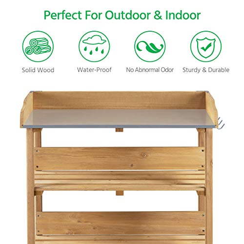 Topeakmart Potting Bench, Metal Top Garden Table for Outdoors,Natural Wood - color: Natural Wood
