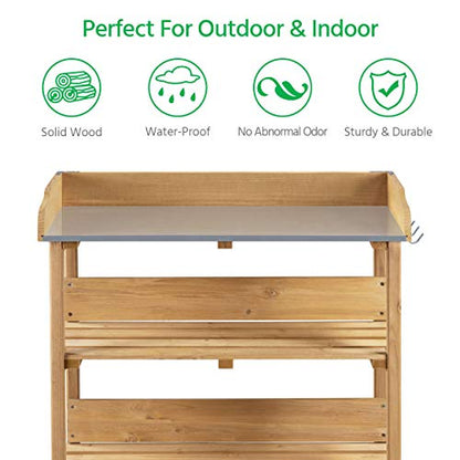 Topeakmart Potting Bench, Metal Top Garden Table for Outdoors,Natural Wood - color: Natural Wood