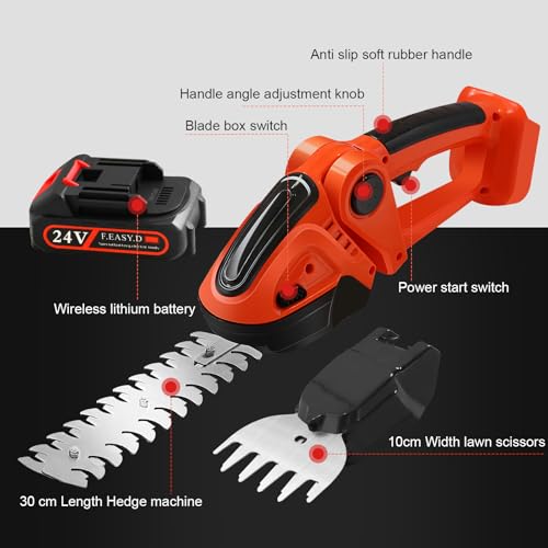 Hedge Trimmer Cordless 24V, 2-in-1 Grass Cutter & Shrub Trimmer, 90° Adjustable Head, Handheld Hedge Trimmer for Lawn Edging & Garden
