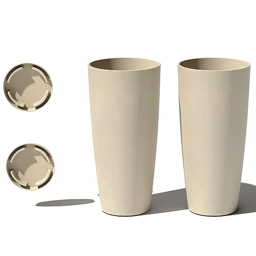 Veradek Vega Round Tall Planter Pots for Indoor/Outdoor Use | Made from Plastic - Stone Mix with Drainage Holes | Perfect for Small to Large Succulent Plants, Flowers, Modern Interior Plants - color: Sand, size: 28 inch - 2 pack with saucers
