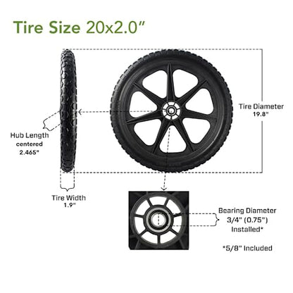 Marathon 92010-2PK Flat-Free 20" Tire and Wheel Assembly, Centered Hub, Ball Bearings, Heavy-Duty Plastic Spoked Wheel, Replacement for Rubbermaid Big Wheel and other Carts, Easy Install, 2 Pack - size: 2 PACK