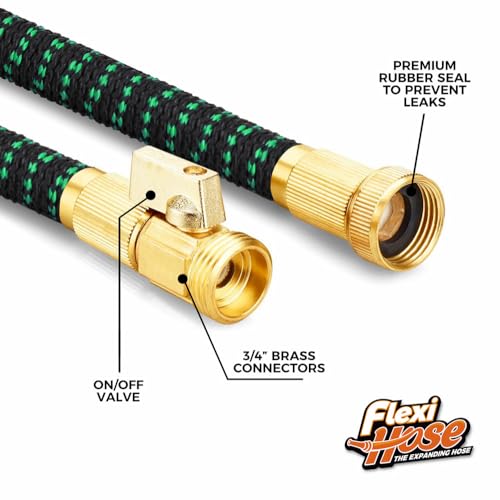Flexi Hose with 8 Function Nozzle, 25FT - Lightweight Expandable Garden Hose, No-Kink Flexibility, 3/4 Inch Solid Brass Fittings and Double Latex Core - Black and Green - size: 25ft