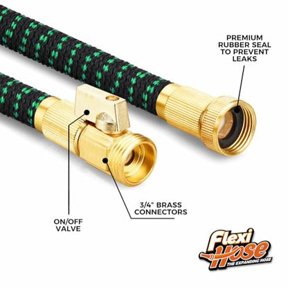 Flexi Hose with 8 Function Nozzle, 25FT - Lightweight Expandable Garden Hose, No-Kink Flexibility, 3/4 Inch Solid Brass Fittings and Double Latex Core - Black and Green - size: 25ft