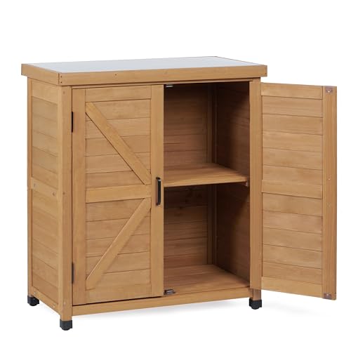 Outdoor Storage Cabinet with Metal Tabletop, Cedar Wood Garden Workstation - color: Light Brown, size: 31x17x36