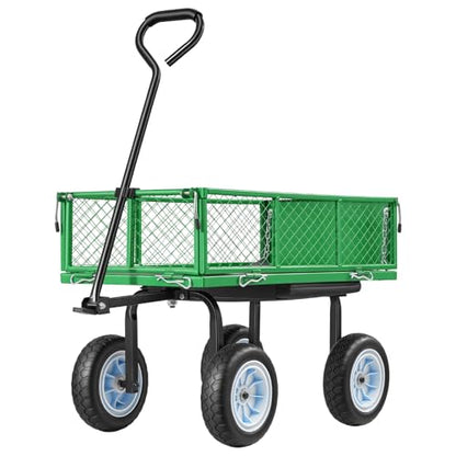 VEVOR 500 LBS Steel Garden Cart with Work Seat, Heavy Duty Garden Wagon Cart on Wheels, Outdoor Metal Utility Yard Wagon Gardening Stool with 10inch Flat Free Tires & Adjustable Handle, Green - color: Green