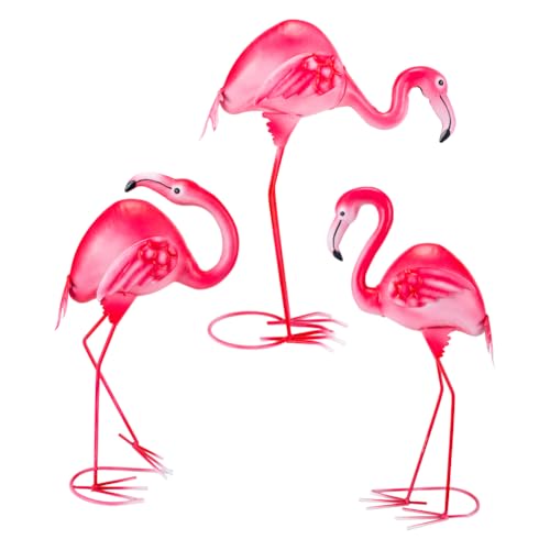 3Pcs Pink Flamingo Garden Statues 15" Metal Flamingo Luau Party Decorations - color: 3 Pack Flamingo