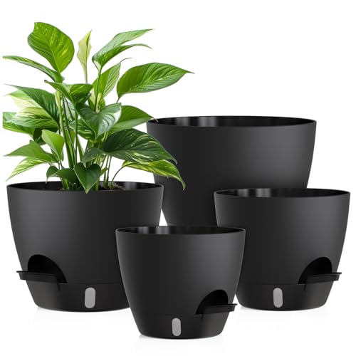 Plant Pots, 4 Pack 12/10/9/8 Inch Self Watering Pots with Drainage Holes, Water Level Indicator Deep Reservoir, Large Planters for Indoor Outdoor Plants - Black - color: Black, size: 12+10+9+8 inch Set