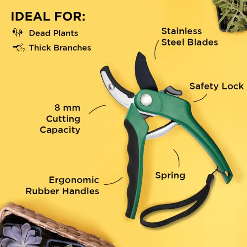 Nevlers 8" Green Anvil Pruning Shears Heavy Duty Plant Shears w/8mm Cut Cap - color: Green, size: Anvil